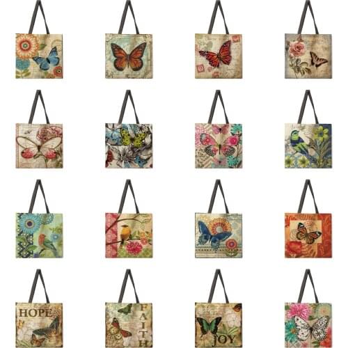 American Butterfly and Dragonfly Tote Bag Shoulder Bag Linen Fabric Casual Tote Bag Foldable Shopping Bag Reusable Beach Bag