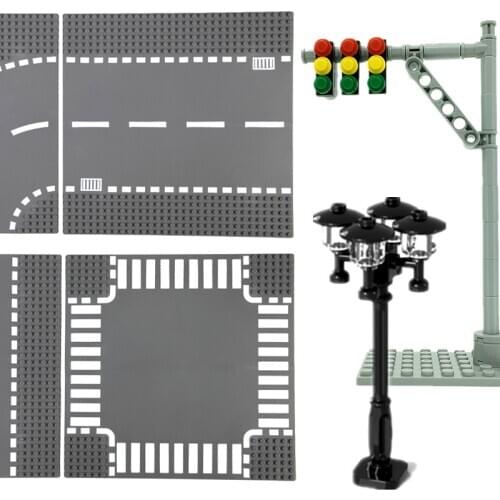Baseplate Classic City Road Plate Street Traffic Lights Bricks Base Plates Building Blocks Mini Model City Signal Lamp MOC Toys