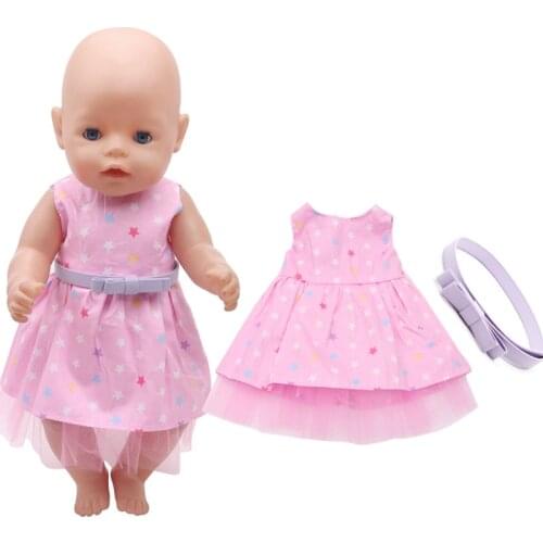 40-43 Cm Boy American Dolls Summer Pink Star Print Dress + Purple Belt bNewborn Baby Toys Accessories Fit 18 Inch Girls Doll f7