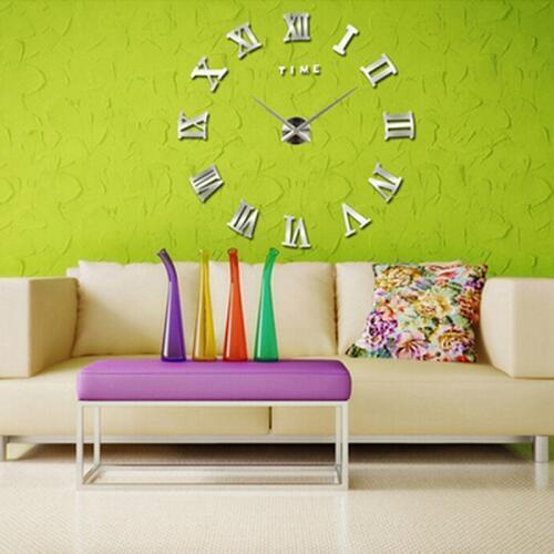 Large Living Room DIY Acrylic Mirror Quartz Wall clock, 3D Roman Numerals Fashion Art Home Decor Wall Clocks Stickers
