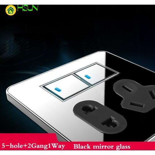 Type 86 Black Mirror Glass 5 Hole +2Gang1Way Switch Socket LED Any Point Light Switch Socket Panel