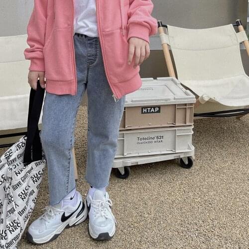 Childrens Jeans 2021 Autumn New Girls and Boys Straight Elastic Pipe Pants Korean Capris Kids Clothes