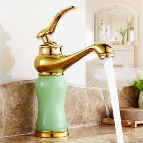 European jade type bathroom sink basin faucet gold plated, Magic Lamp style brass wash basin faucet mixer water tap hot and cold
