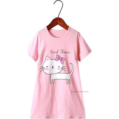 Pink Bow Cat Cotton Nightdress Little Teen Girl Pajamas Dresses Children Cartoon Summer Nightgown Home Clothes Kids Sleepwearr