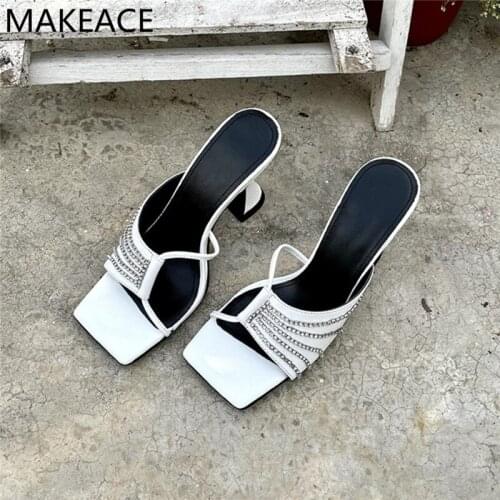 Summer Rhinestone Women Slippers Square Toe Genuine Leather Cut Outs Mules High Heels Party Shoes Woman Crystal Women Sandals
