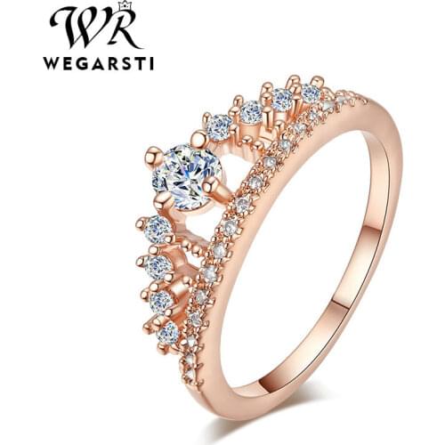 WEGARSTI 925 Silver Rose Gold Color Women Wedding Ring Sparkling CROWN Zircon Stone Rings Female Party Engagement Fine Jewelry