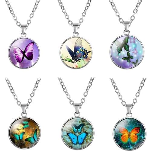 Vintage colorful Butterfly Round Glass Pendant Necklace for Womens Neck Chains Collar Fashion Trendy Chain Female Necklace Gift