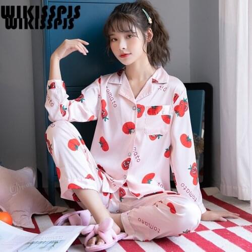WIKISSPJS 2021 Silk Pajamas New Sweet and Lovely Suit Japanese and Korean Loose Long Sleeve Trousers Lapel Cardigan Home Clothes