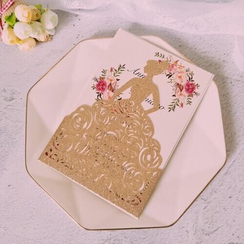 Rose Gold Glitter Wedding Party Invitation Laser Cut Pocket Sweet Fifteen Invitations Bridal Shower Party Invites 50pc/lot