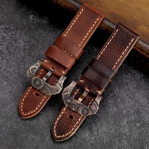 Suitable For Bronze Watch Crazy Horse Leather Strap 20 22 24MM Mens Retro Top layer Italian leather strap, hand-made bracelet