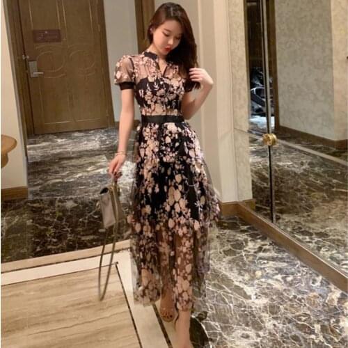High-End Custom Luxury Runway Designer Vacation Dress 2021 Summer Mesh Embroidery Sequined Flowers Layers Lace Long Dress
