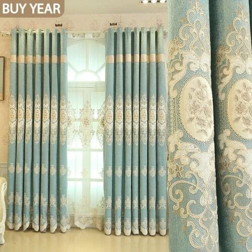 European Style Curtains for Living Dining Room Bedroom Light Luxury Embroidered Chenille Fabric Curtain Embroidered Tulle Window