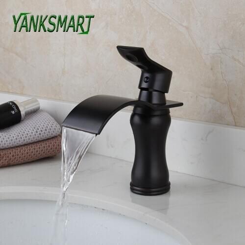 YANKSMART Oil Rubbed Bronze Black Basin Sink Bathroom Single Handle Faucet Deck Mounted Cold And Hot Mixer Waterfall Tap