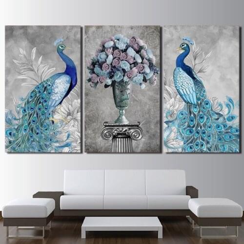 Modern Canvas HD Prints Pictures Wall Art Framework 3 Pieces Peacock Couple Paintings For Living Room Home Decor Flowers Poster