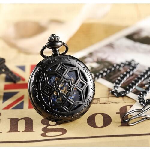 Vintage Steampunk Mechanical Pocket Watch Necklace Geometric Patterns Retro Hollow Fob Chain Clock Pendant Men Women Chain Gifts