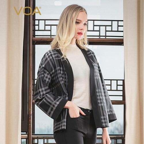 VOA Silk 30m/m Yarn-Dyed Jacquard Mix Material Stitching off-the-Shoulder Ninth Sleeve Classic Plaid Straight Cardigan Coat W663
