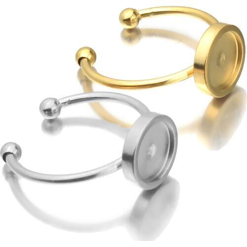 Gold Stainless Steel Adjustable Ring Settings Blank/Base 8/10/12mm Glass Cabochons,Buttons;Ring Bezels Jewelry Making Supplies