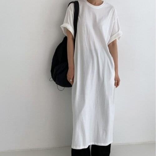 Women Summer White Cotton Long T-shirt Dress Round Collar Loose Oversized Split Pullover Midi Sundress Pocket