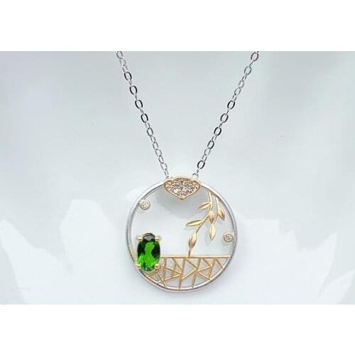 Art atmosphere fashion green diopside necklace for women jewelry real 925 silver natural gem girl party gift lucky birthstone