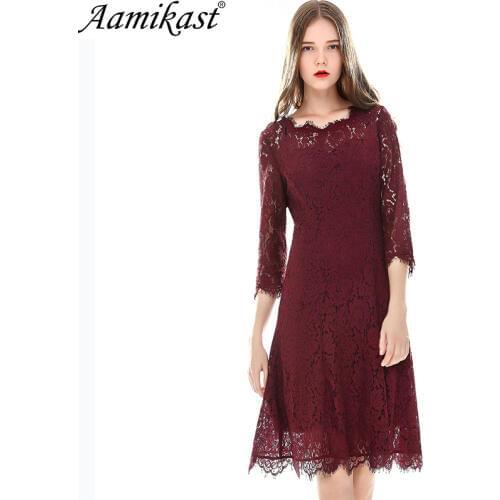 Aamikast Autumn Women Dress Vintage Elegant A-Line Three Quarter Sleeve Dresses Plus Size Feminino Vestidos