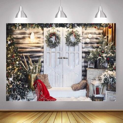 Winter Christmas Photography Backdrop for Photo Studio Rustic Wood Door Christmas Tree Snow Wreath Xmas Party Portrait Photocall