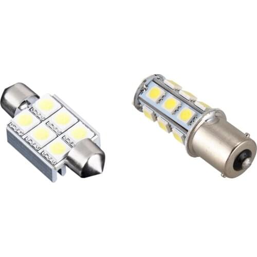 2 Pcs Car Bulb: 1 Pcs 36mm 6 SMD 5050 Pure White Dome Festoon Bulb & 1 Pcs 1156 P21W BA15S R10W 18 LED Tail Brake Bulb