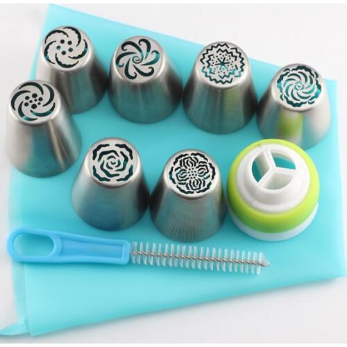 Mujiang 7Pcs Stainless Steel Russian Icing Piping Nozzles Pastry Tips Silicone Pastry Bag Brush DIY Cake Decorating Baking Tools