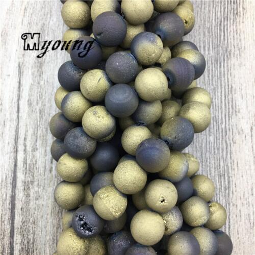 Black And Gold Titanium Quartz Druzy Agates Geode Loose Beads,Matte Round Natural Stone Beads for Jewelry Making MY2051