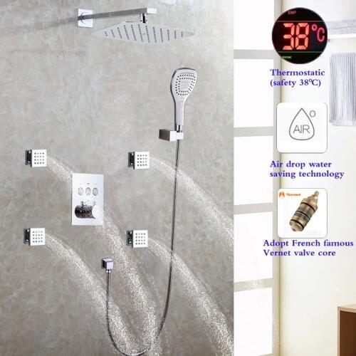 DULABRAHE Thermostatic Rain Shower Faucet System 8 X 12 Inch Rainfall Air Booster Head Wall Mounted Mixer Set Chrome Polished