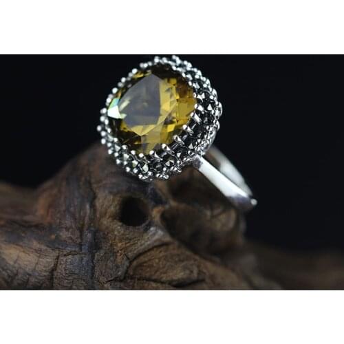 Elegance Yellow Crystal Inlay 100% Pure 925 Sterling Silver Ring For Women,Vintage Gemstone Ring Fine Jewelry For Wholesale