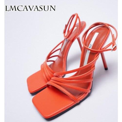LMCAVASUN Summer New Sandalen Dames 2021 Coral Red Thin Strap High Heel Ankle Strap Sandals