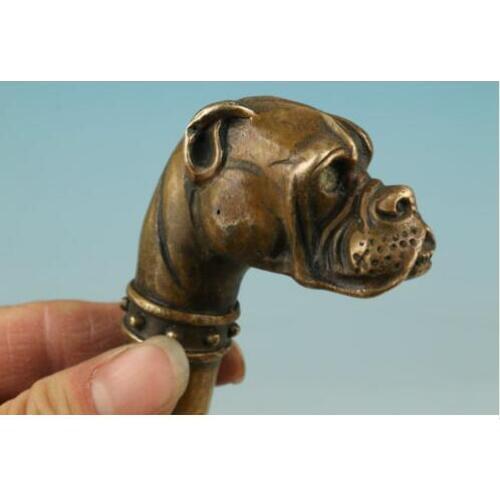 Copper Brass craft brass Pure Copper Old Qing Ming Brass chinese BRASS Hand Carved Dog Statue Cane Walking Stick Head