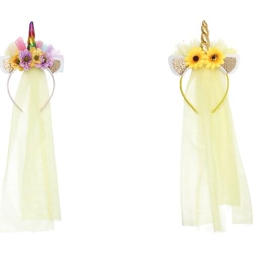 Miss Cute Unicorn Headband Glitter Cat Ears Headband with 40cm Long Tulle Party Unicorn Hair Accessories Girls Unicorn Hair Band