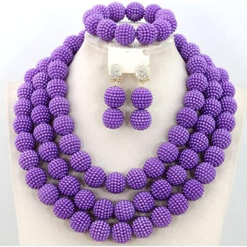 Charming Purple Plastic Ball Necklace Earrings Bracelet African Wedding Beads Simulated pearl Set LC042