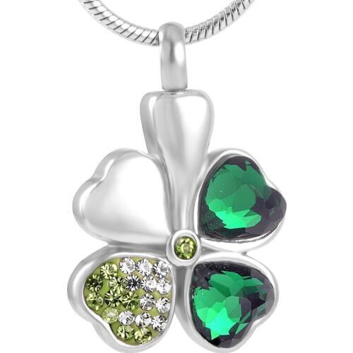IJD8533 Green Crystal Four Leaf Clover Cremation Necklace jewelry Ashes Holder Keepsake Stainless Steel Memorial Urn Jewelry