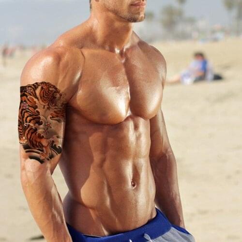 Fierce Tiger Wave Waterproof Temporary Tattoo Sticker Pink Flower Green Leaves Flash Tattoos Body Art Arm Fake Tatoo Men Women