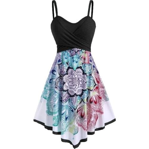 Bohemian Dress Women Casual Flower Crossover Sleeveless Dress Spaghetti Strap Holiday Beach Dress Vestidos женское платье