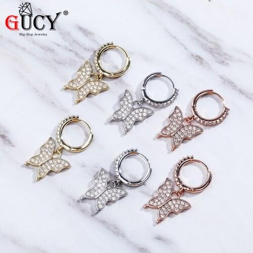 GUCY 9mm Butterfly Earring Gold Silver Color Full Cubic Zircon Women Fashion Hip Hop Jewelry for Gift