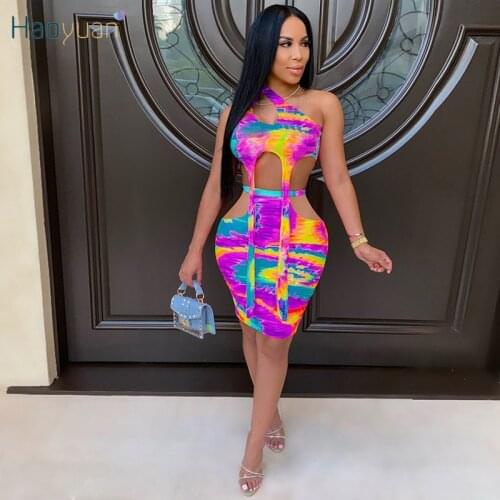 HAOYUAN Sexy Tie Dye Two Piece Set One Shoulder Hollow Crop Top Bodycon Midi Dresses for Women Summer Clothes Club Matching Sets