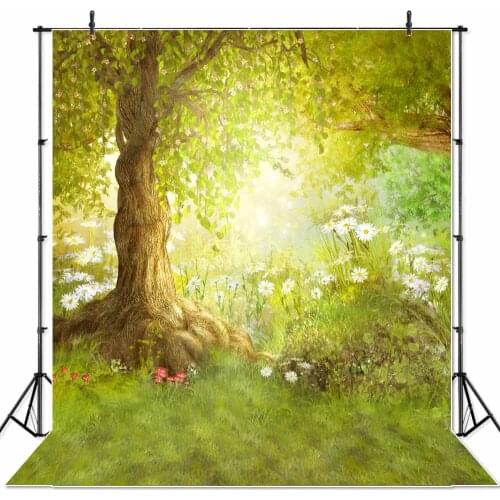 SeekPro Spring Photography Backdrop Easter Woodland Big Tree Meadow Grass White Flower Fairy Tale Photo Studio Backgrounds