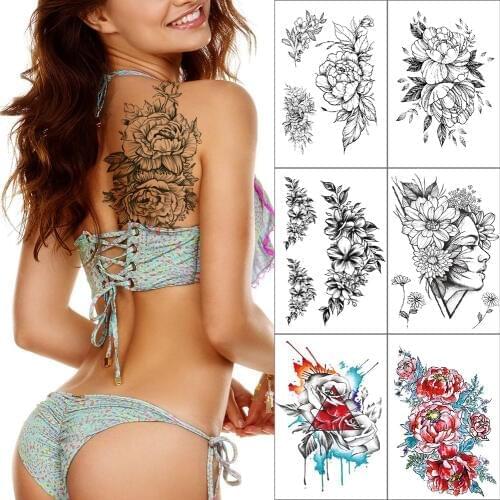 Temporary Black Flower Roses For Women Girl Tattoo Sleeves Waterproof Triangle Tatoo Sticker Body Art Arm Leg sexy Fake Tattoos