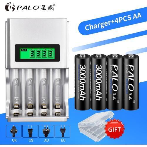 PALO Intelligent LCD display battery charger For 1.2V NI-MH NI-CD aaa aa AAA AA rechargeable battery charger+4pcs AA batteries
