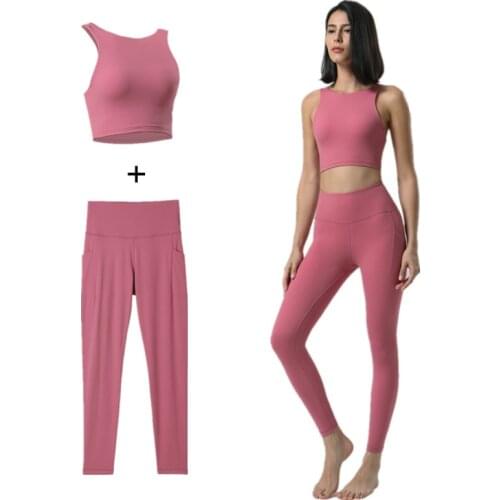 Yoga Set Women High Waist Pocket yoga Fitness Leggings + Sleeveless Yoga Vest With Chest Pad 2-Piece Running Sports Leisure Suit