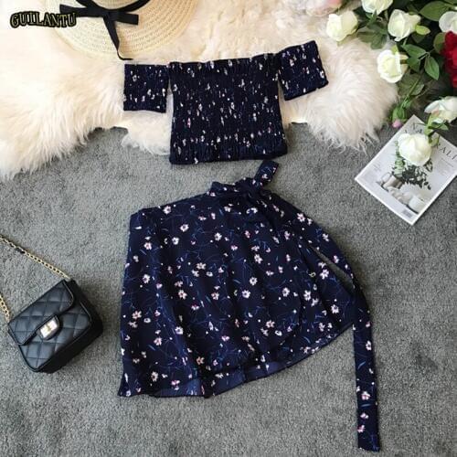 Two Piece Set Women Sexy Summer Crop Top And Mini Skirt Off Shoulder Elastic Print Floral Casual Festival Short Matching Outfits
