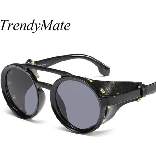 2019 Cool Fashion SteamPunk Style Round Sunglasses Leather Side Shield Brand Design Sun Glasses Oculos De Sol UV400 5396
