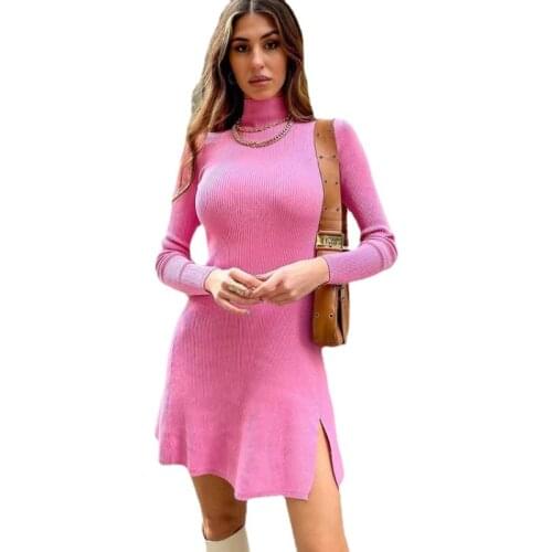 2021 Women Fashion Chic Pink Side Split Slim Knitted Mini Dress Female Elegant Turtleneck Long Sleeve Dresses Vestidos