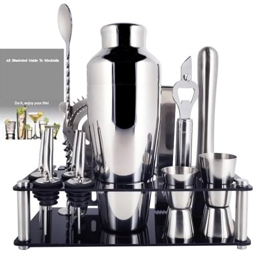 750/600/450ML Cocktail Shaker Multiple Pieces Bartender Kit with Stand Cocktail Recipe Stainless Steel Bar Tool Set