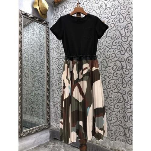 One Piece Dress 2021 Autumn Winter Fashion Style Women Abstract Print Patchwork Drawstring Waist Mid-Calf Cotton Dress Casual