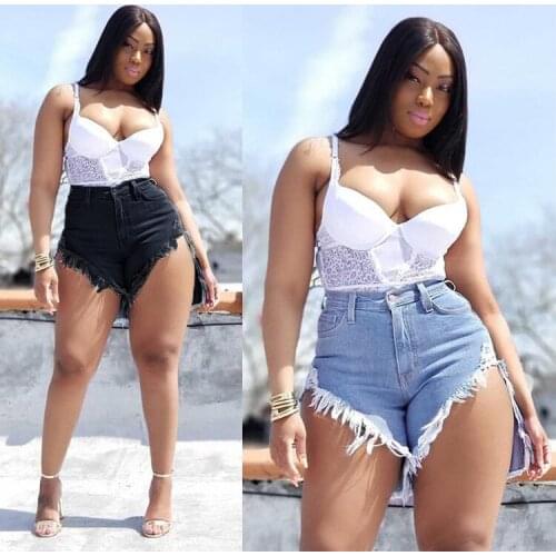 Black Ripped Shorts Women Jeans Summer Fashion High Waist Asymmetrical Tassel Denim Shorts