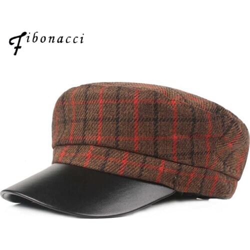 Fibonacci Fashion Women Military Hat Spring Sailor Hats Plaid Ladies Beret Caps Flat Top Captain Cap Travel Cadet Octagonal Hat